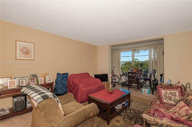 living room with light carpet and a textured ceiling