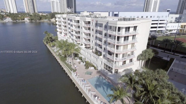 view of building exterior with a water view