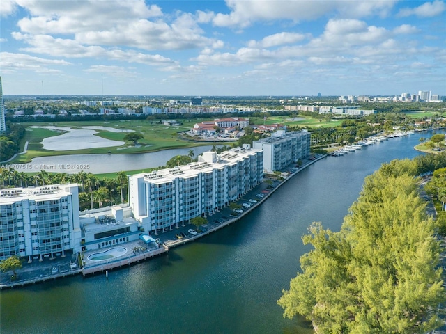 aerial view featuring a water view and a view of city