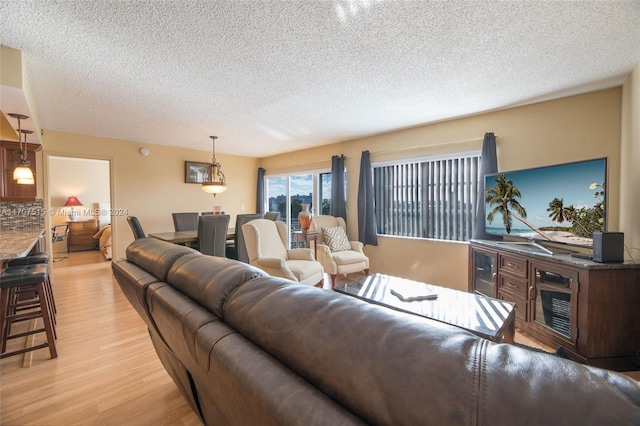 living room featuring light hardwood / wood-style flooring and a textured ceiling