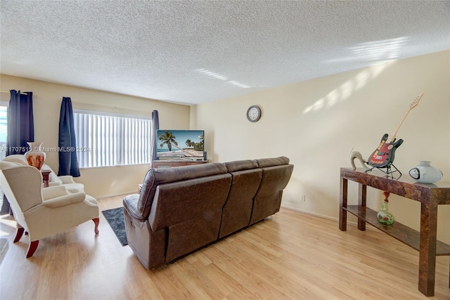 living room with a textured ceiling and light hardwood / wood-style flooring