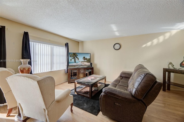 living room featuring a textured ceiling and light hardwood / wood-style flooring