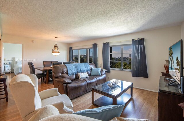 living room featuring light wood finished floors, baseboards, and a textured ceiling