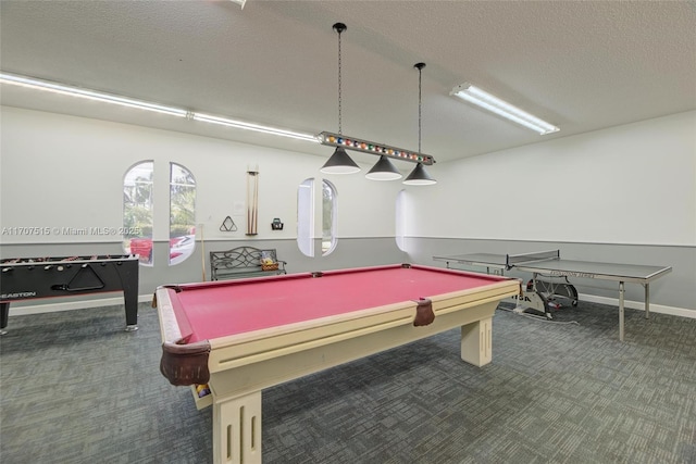recreation room with baseboards, carpet flooring, a textured ceiling, and billiards
