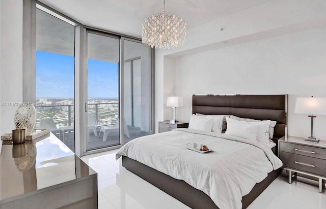 bedroom featuring access to exterior, a chandelier, expansive windows, and light tile patterned flooring