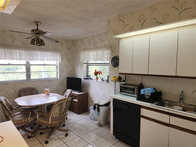 kitchen featuring dishwasher, sink, white cabinets, and a textured ceiling