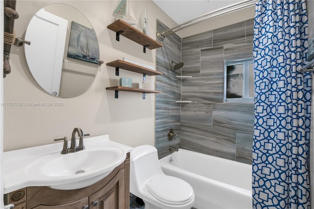 full bathroom featuring vanity, toilet, and shower / tub combo with curtain