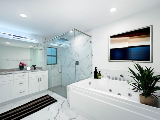 bathroom with plus walk in shower and vanity