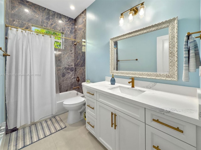 full bathroom featuring tile patterned flooring, vanity, shower / bath combo, and toilet