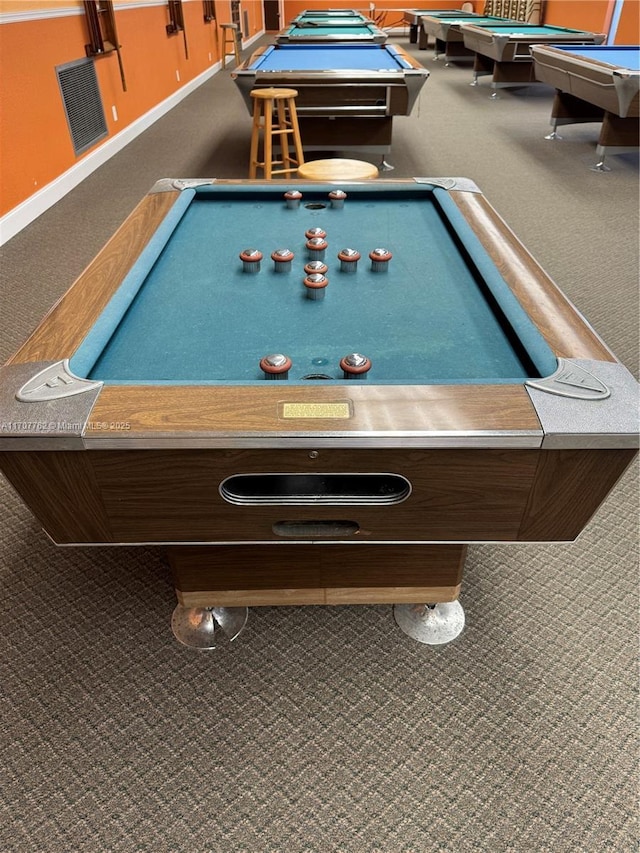 game room with carpet floors and billiards