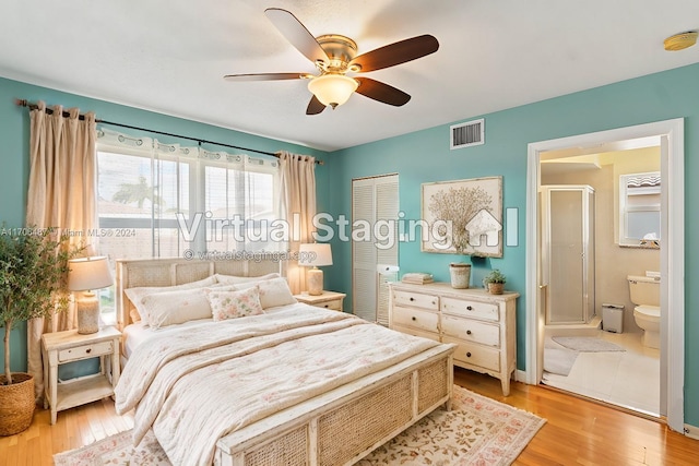 bedroom with ceiling fan, light hardwood / wood-style floors, connected bathroom, and a closet