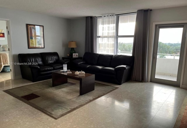 living room with a textured ceiling