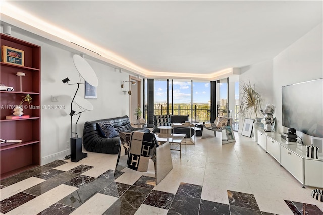 living room with a wall of windows