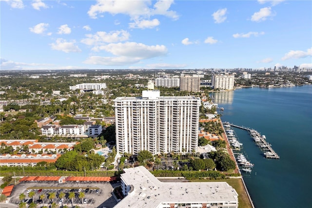 birds eye view of property featuring a water view