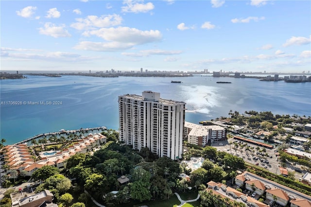 drone / aerial view with a water view