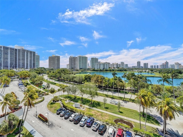 aerial view featuring a water view