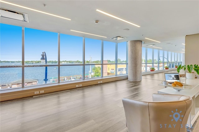 community lobby with a water view