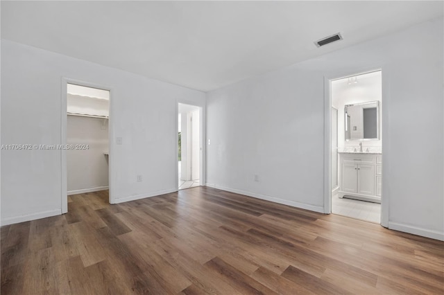 interior space featuring a spacious closet, ensuite bathroom, and wood-type flooring