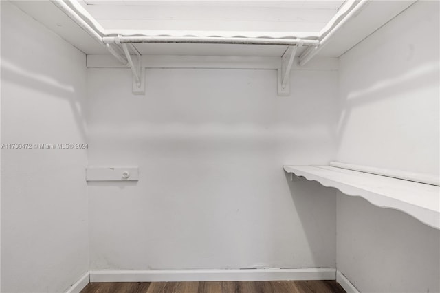 walk in closet with dark hardwood / wood-style flooring