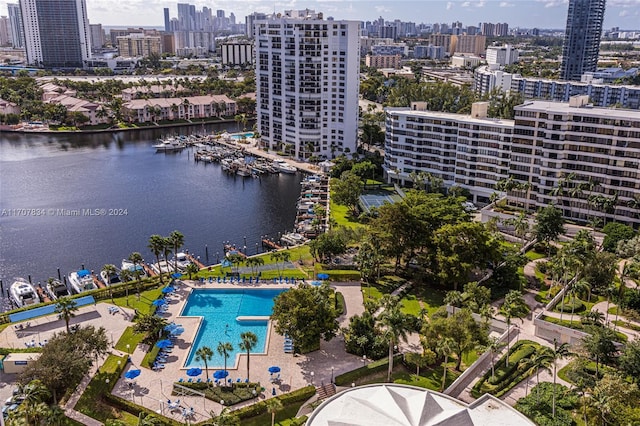 2500 Parkview Dr Unit 2315, Hallandale Beach, FL 33009 - drone / aerial view of skyline, a pool area, and a nearby body of water