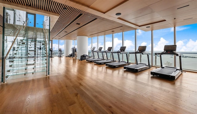 exercise room featuring a wealth of natural light and hardwood / wood-style floors