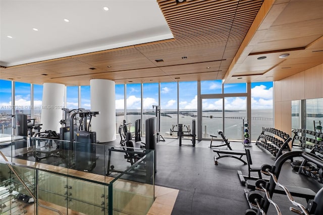 workout area featuring a water view and a wall of windows