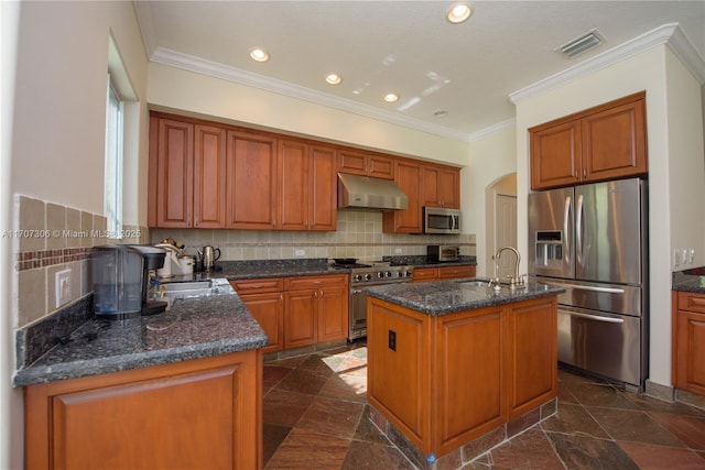 kitchen featuring an island with sink, sink, dark stone counters, decorative backsplash, and stainless steel appliances