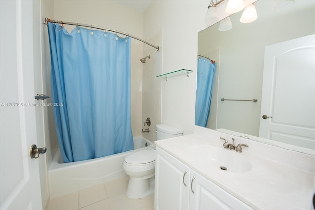 full bathroom with shower / tub combo, vanity, tile patterned flooring, and toilet