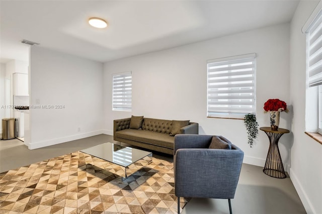 living room featuring plenty of natural light and concrete flooring