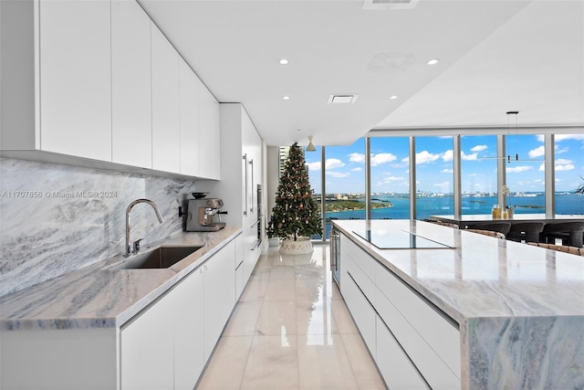 kitchen featuring a water view, white cabinetry, and a wealth of natural light