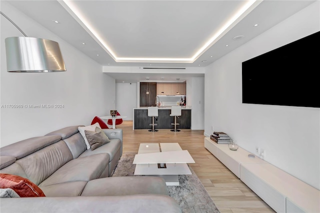 living room with a raised ceiling, sink, and light hardwood / wood-style floors