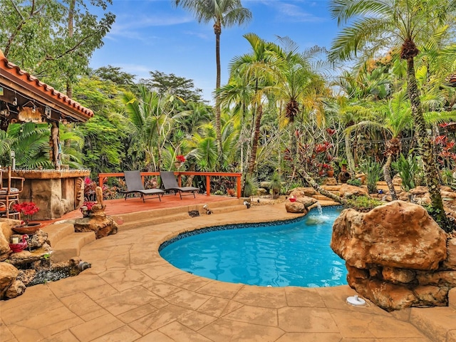 view of pool featuring pool water feature, an outdoor bar, and a patio area