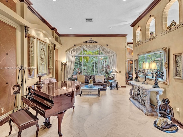 living area featuring crown molding, recessed lighting, visible vents, a towering ceiling, and baseboards