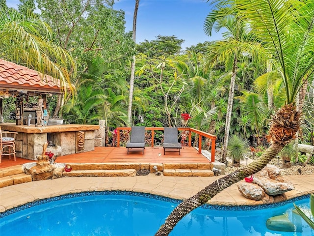 view of swimming pool featuring a bar and a wooden deck