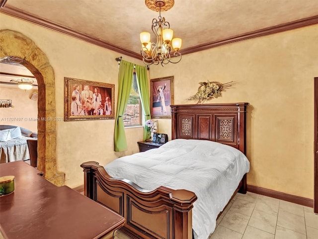 tiled bedroom with an inviting chandelier and ornamental molding