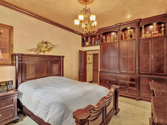 bedroom with light tile patterned floors, an inviting chandelier, and ornamental molding