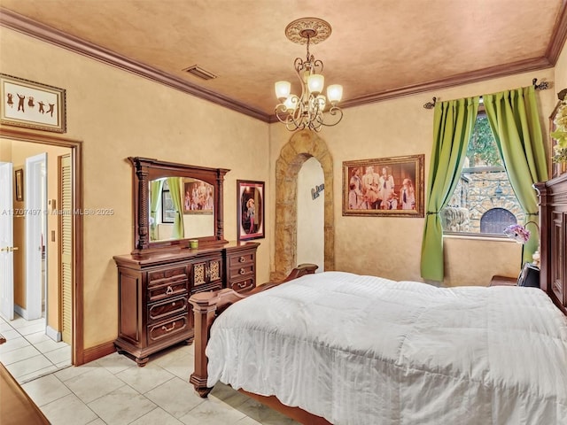 bedroom featuring baseboards, visible vents, crown molding, a notable chandelier, and light tile patterned flooring