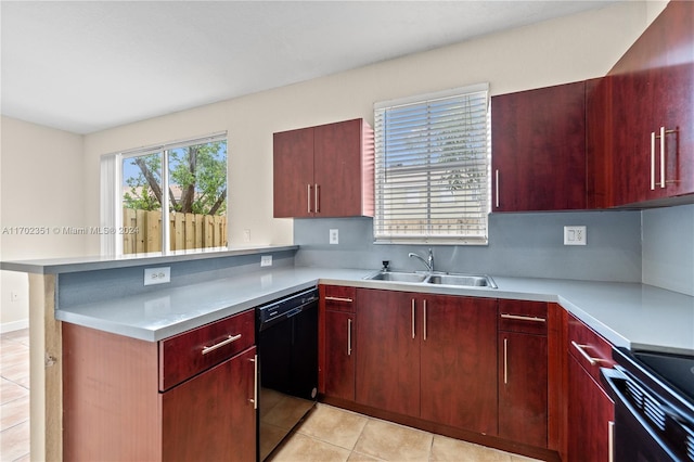 kitchen with range with electric cooktop, dishwasher, sink, kitchen peninsula, and light tile patterned flooring