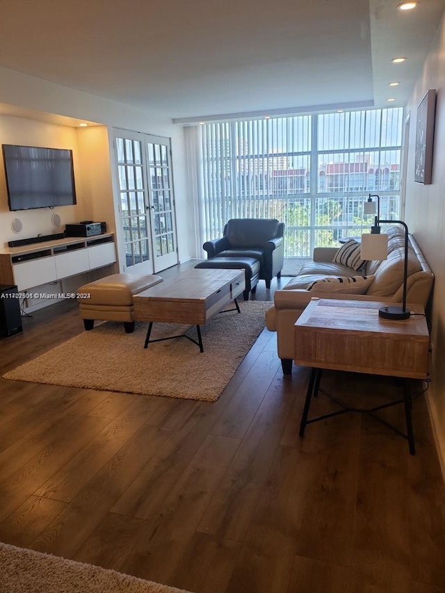 living room featuring dark wood-type flooring and french doors