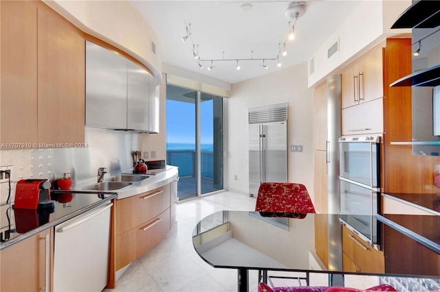 kitchen featuring appliances with stainless steel finishes, a water view, track lighting, and sink