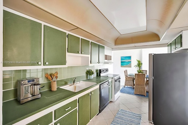 kitchen with stainless steel fridge, sink, electric stove, black dishwasher, and light tile patterned flooring