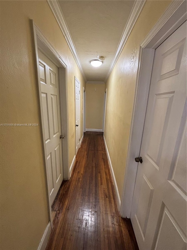 hallway featuring dark hardwood / wood-style flooring and ornamental molding