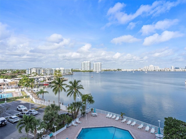 exterior space with a water view