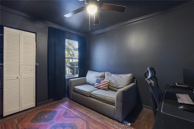 home office with ceiling fan, dark hardwood / wood-style flooring, and crown molding