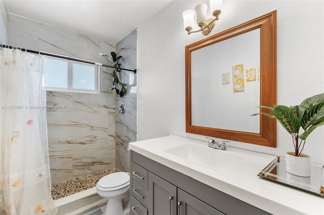 bathroom featuring vanity, curtained shower, and toilet