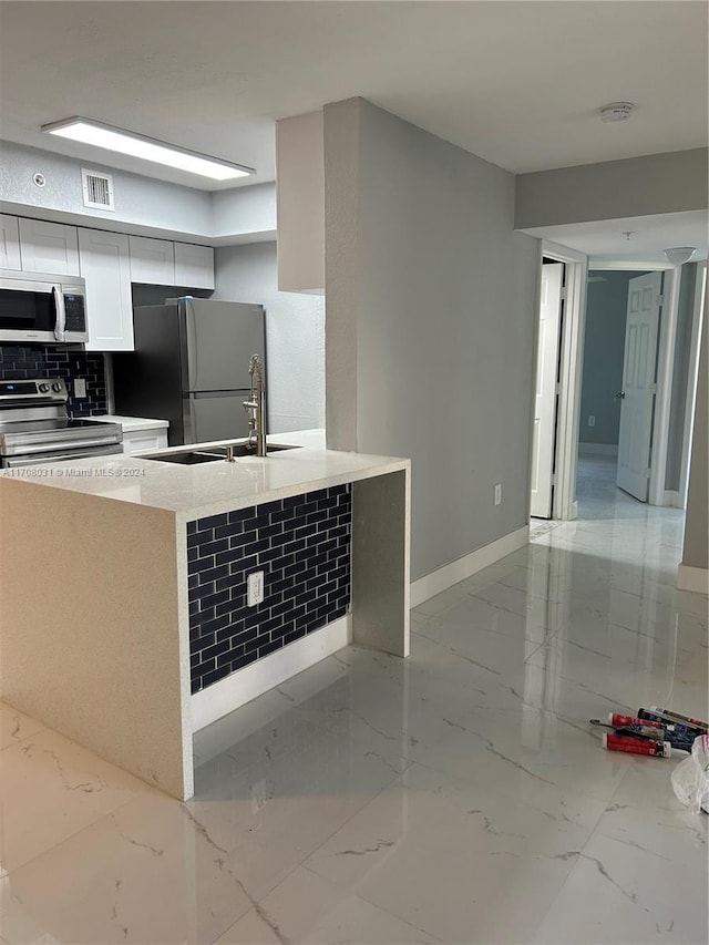 kitchen featuring backsplash, white cabinets, sink, kitchen peninsula, and stainless steel appliances