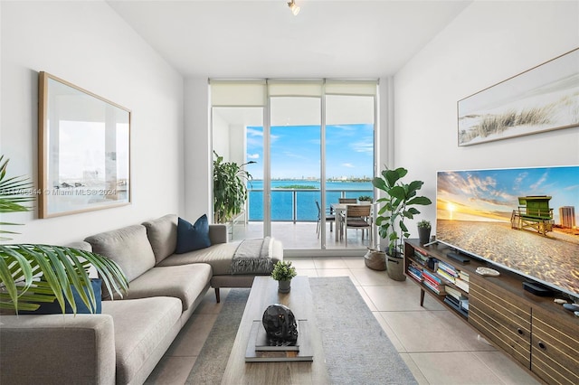 living room featuring light tile patterned floors