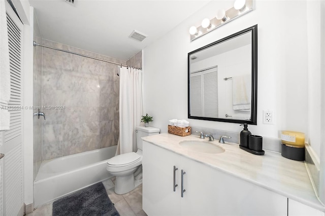 full bathroom featuring tile patterned floors, vanity, toilet, and shower / bathtub combination with curtain