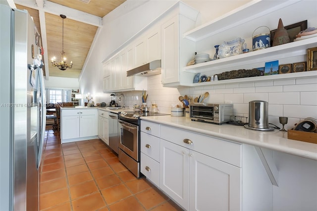 kitchen featuring white cabinets, lofted ceiling with beams, hanging light fixtures, and appliances with stainless steel finishes