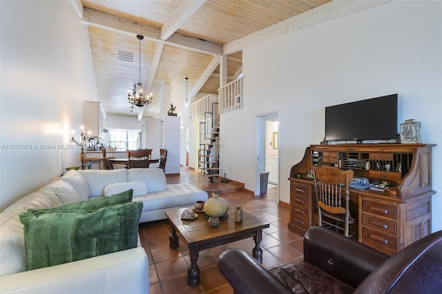 tiled living room featuring a chandelier, beam ceiling, and wood ceiling